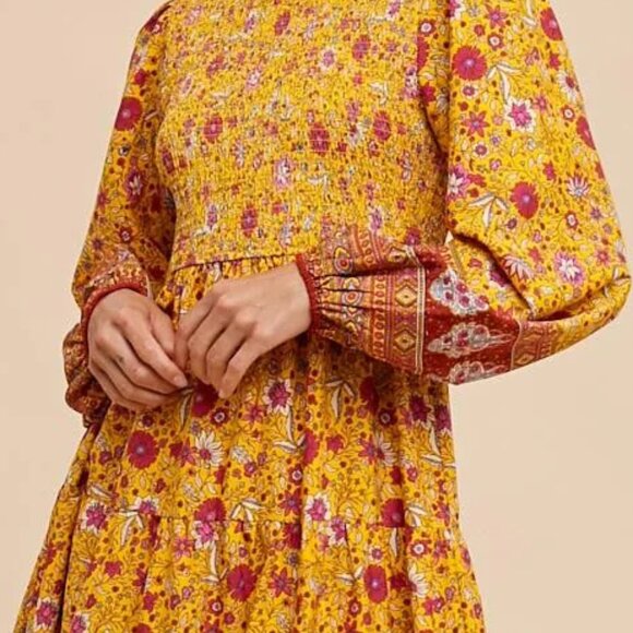 Pinkblush Gold Floral Smocked Tiered Maxi Dress - Small - Picture 3 of 10